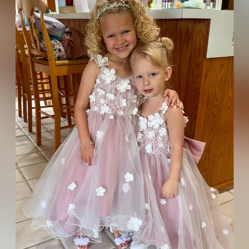 Azazie Celia Dusty Rose and White Lace Dress